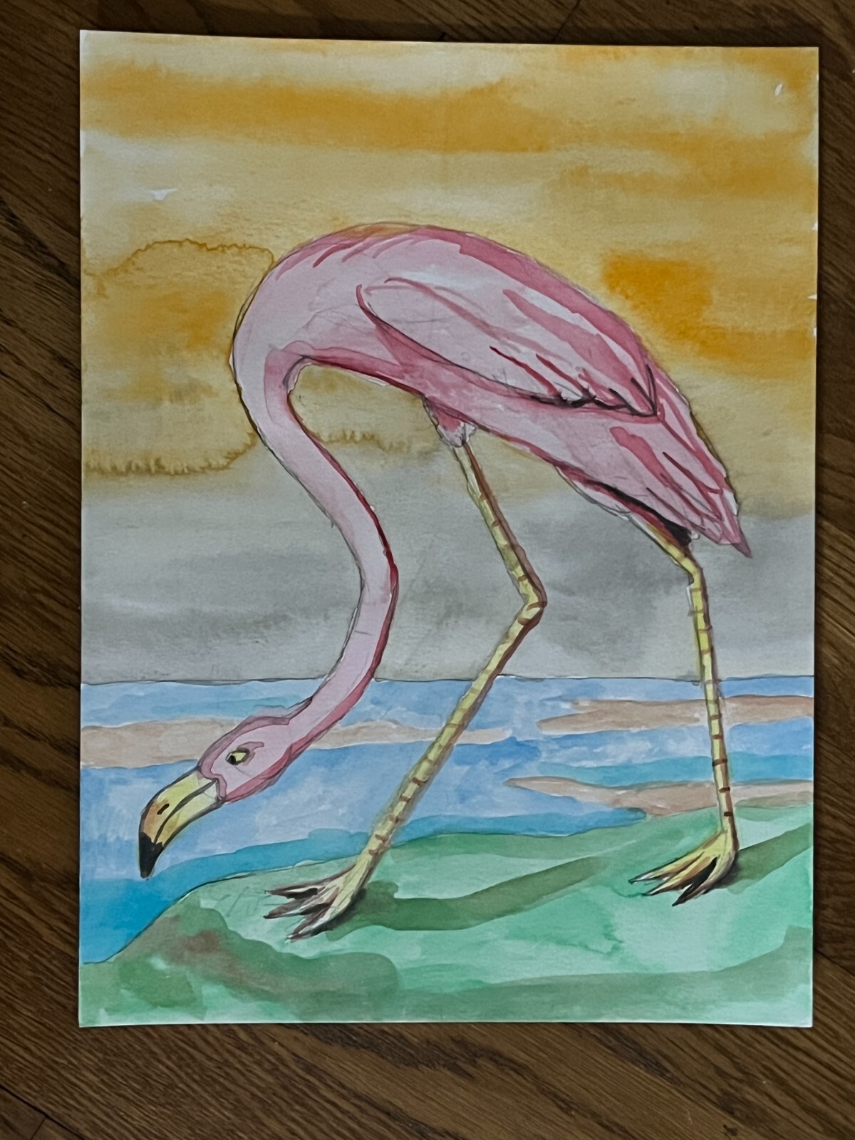 Original Watercolor Pink Flamingo 9×12 Hand-Painted Bird Painting