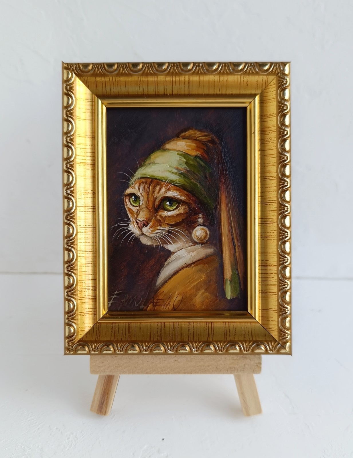 ACEO Cat with Pearl Earring Oil Painting Framed Original Artwork 2.5×3.5 in
