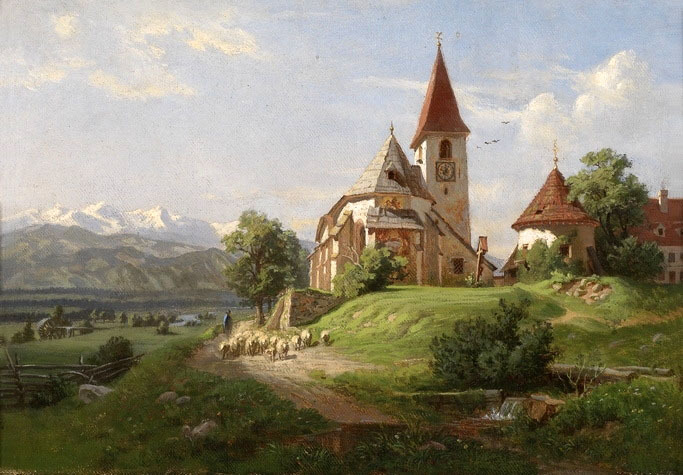 Art Oil painting 19th century southern german school landscape & church canvas