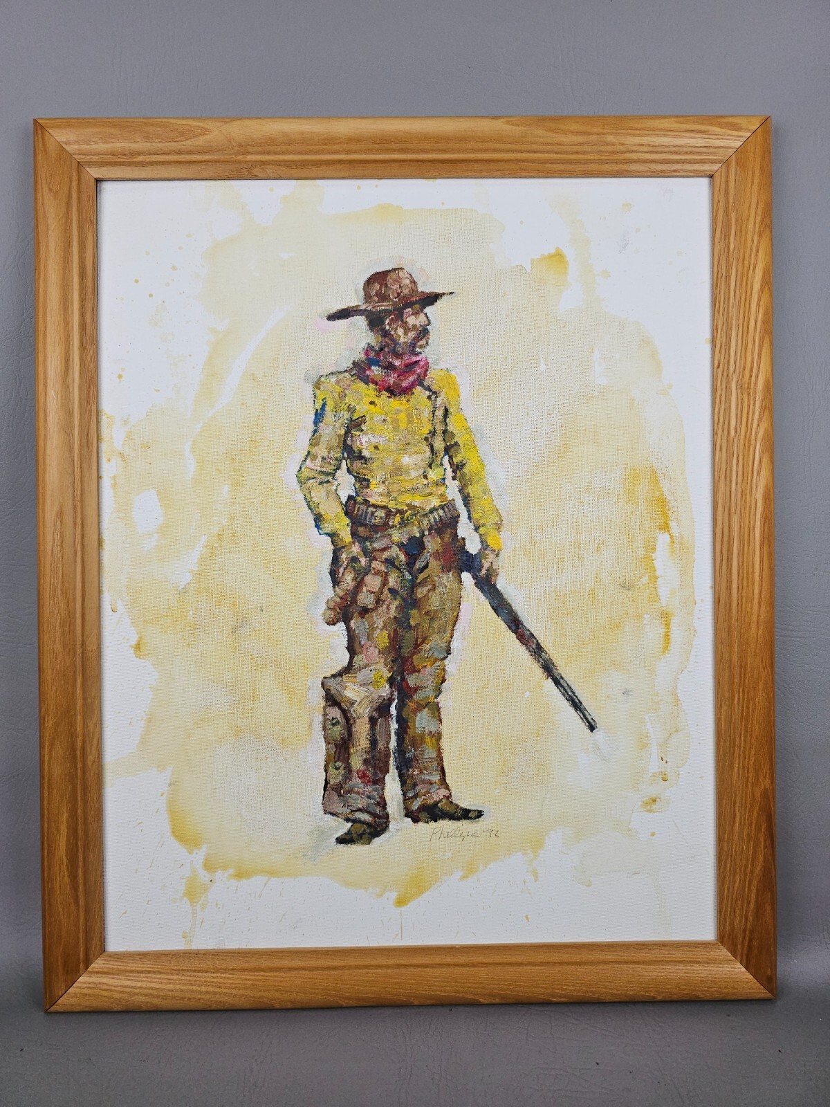 2 Original Native American Indian & Western Cowboy Art Painting Signed Phillips