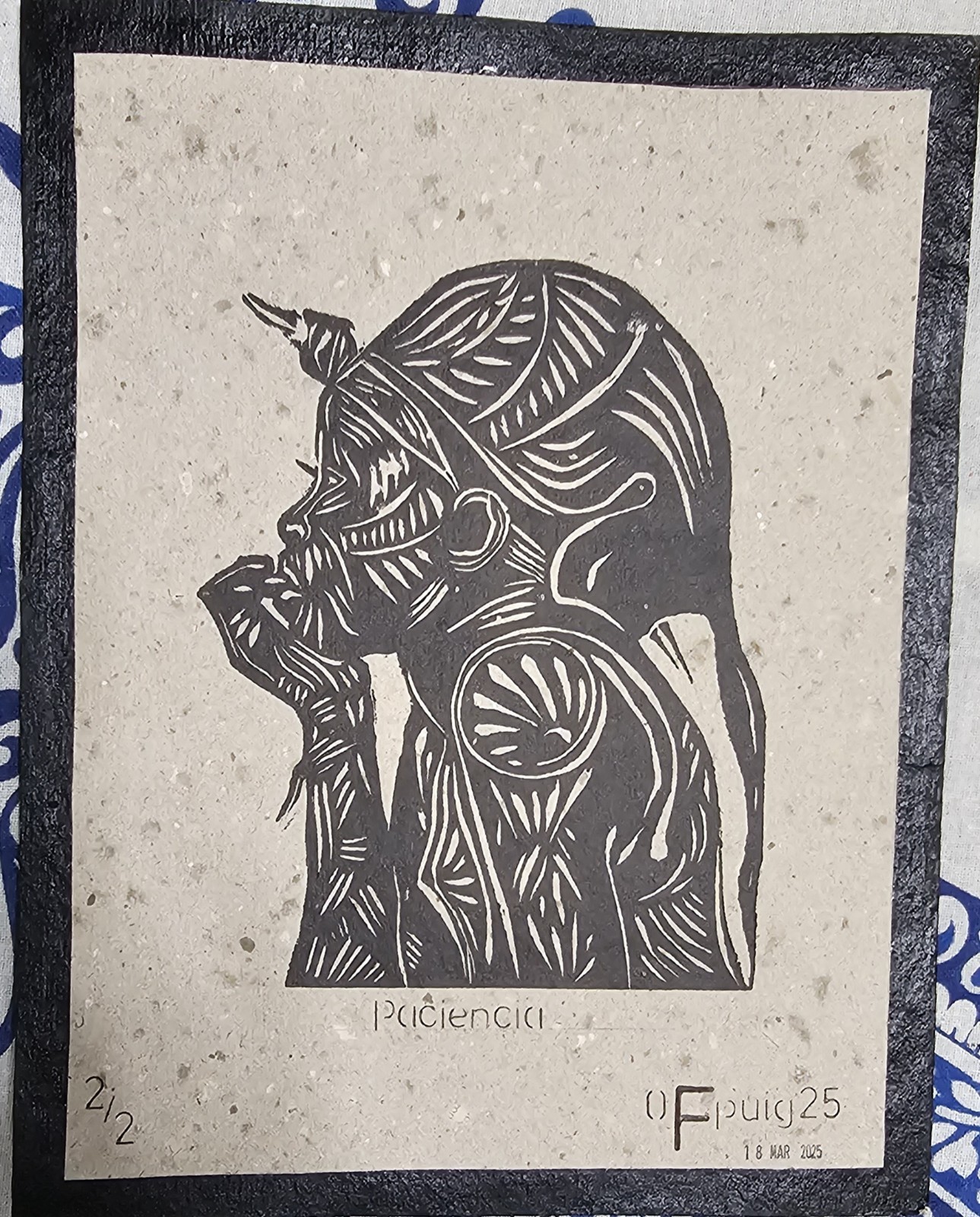 linografia en papel manofacturado by oriel francisco puig t: Paciencia 10×13 in
