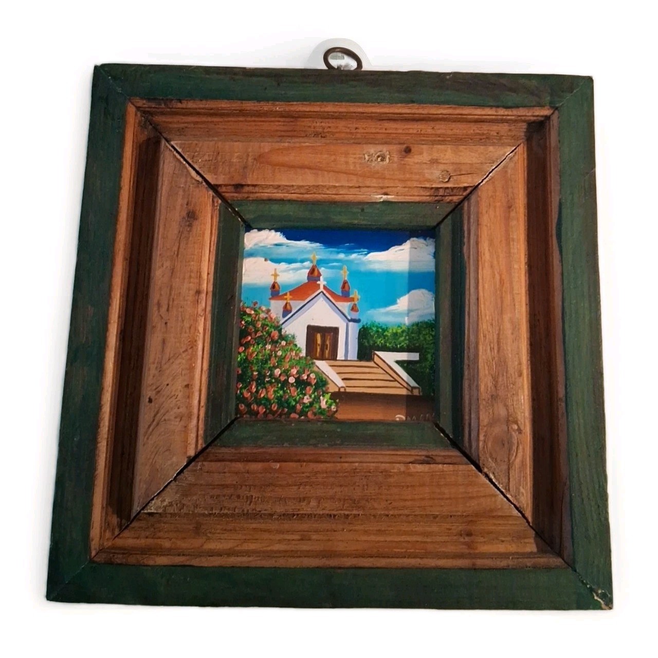 Signed Mini 4×4 Oil Painting Of Orkney Island Church With Rustic Carved Frame