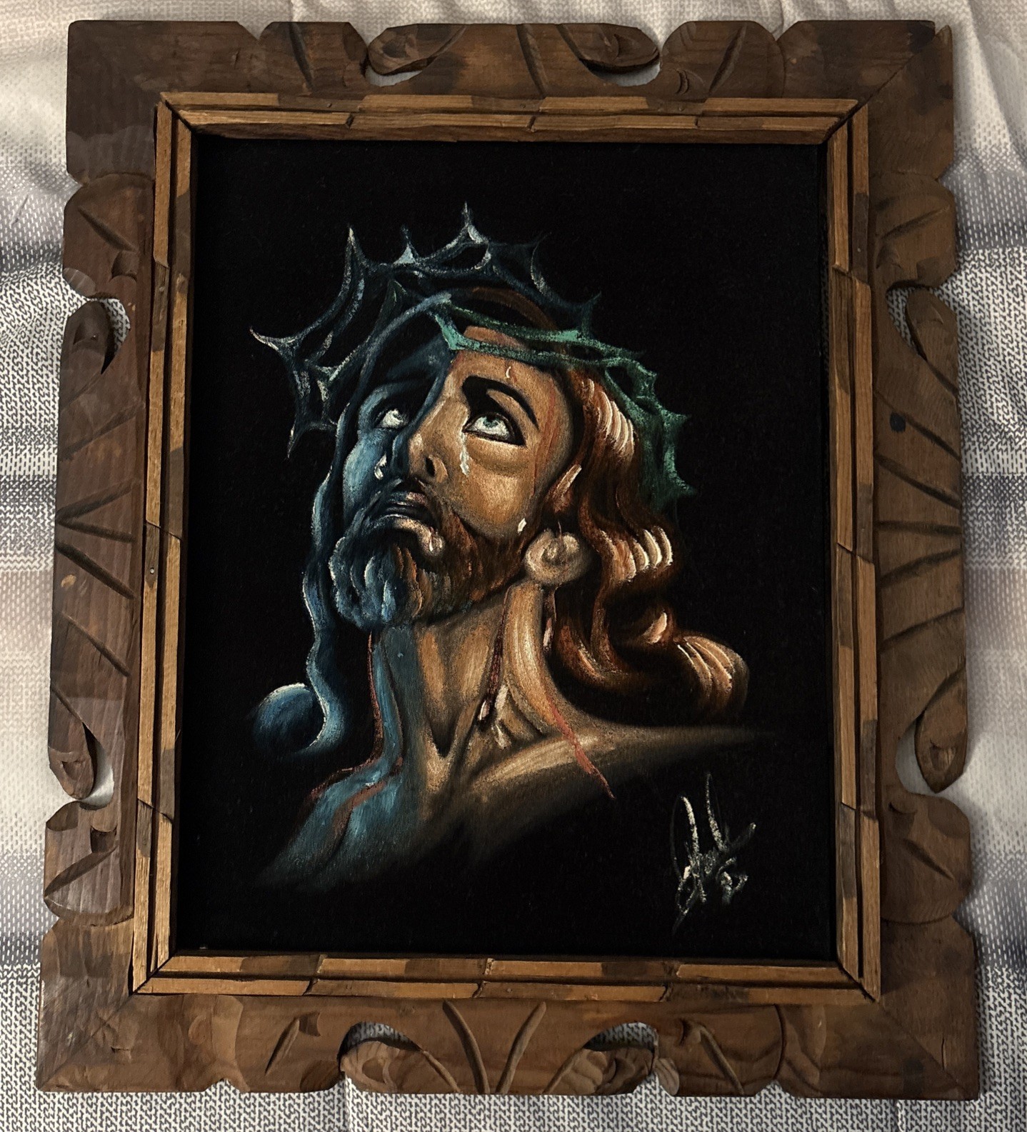 Jesus Christ Original Painting On Velvet Canvas Hand Carved Mexican Wood Frame