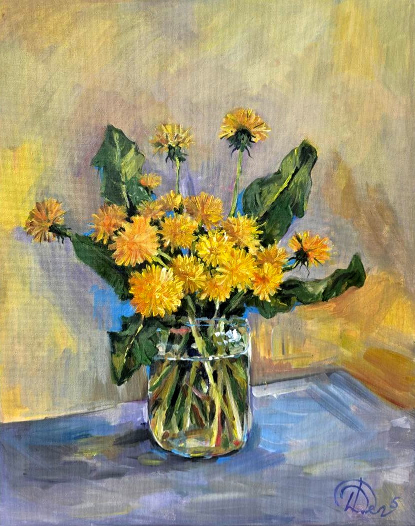 Author’s PAINTING of SPRING STILL LIFE dandelions 50×40 cm