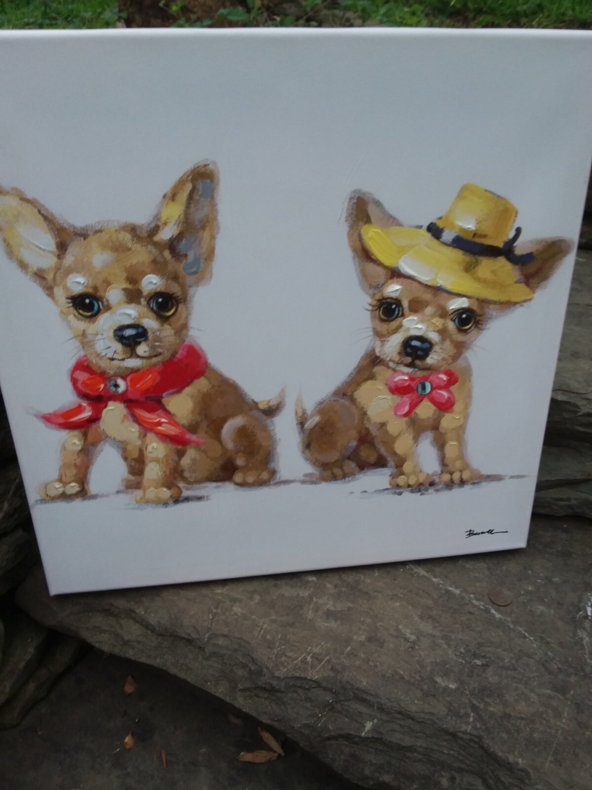 Painting of 2 Chichuahua Puppies on Plastic Canvas Stretched to Wood Frame