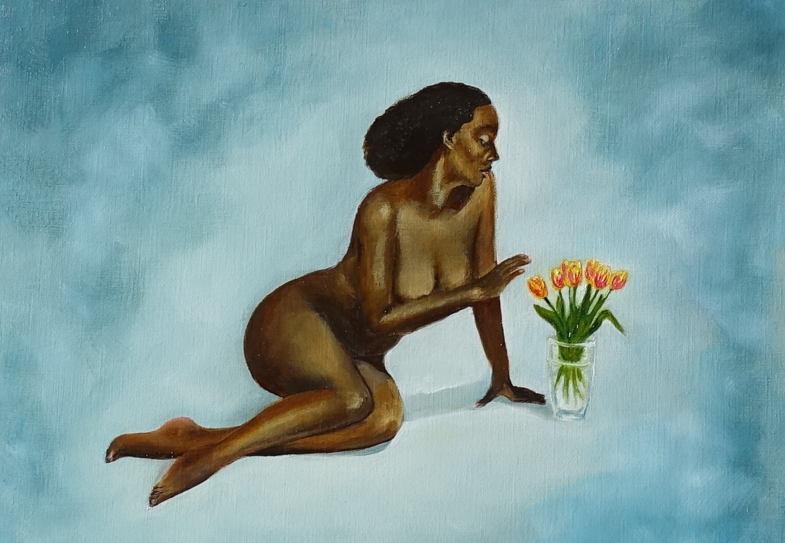 Nude figure study oil painting, realistic pose, woman body artwork