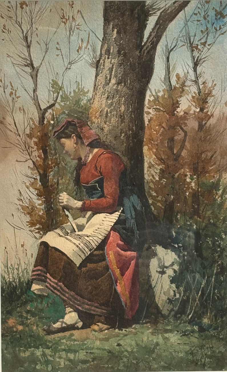 Peasant Woman Sitting by a Tree- Fabulous W/C Painting-C. 1860s-Illegibly Signed