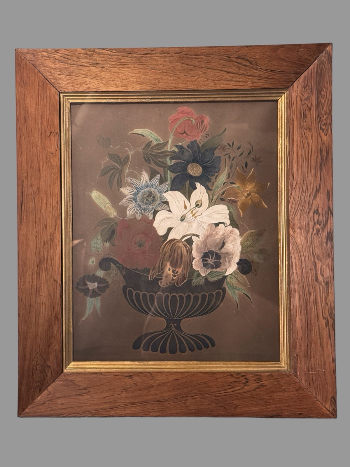 Antique Victorian Rosewood Framed Floral Still Life Watercolor Painting