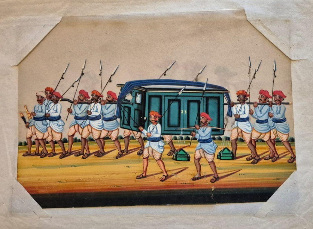 RARE ORIGINAL GOUACHE MICA PAINTING 1820S, PALANQUIN AND BEARERS , INDIA