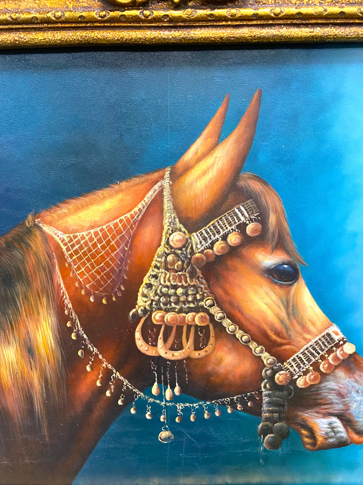 Arabian Horse Oil Painting Ornate Gold Frame Dubai Royal Equestrian Racing Art U
