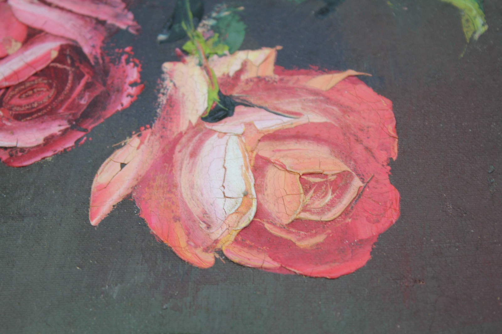 Vintage Original Oil Painting on Canvas Pink Roses in a Blue Vase 16×20” Vintage