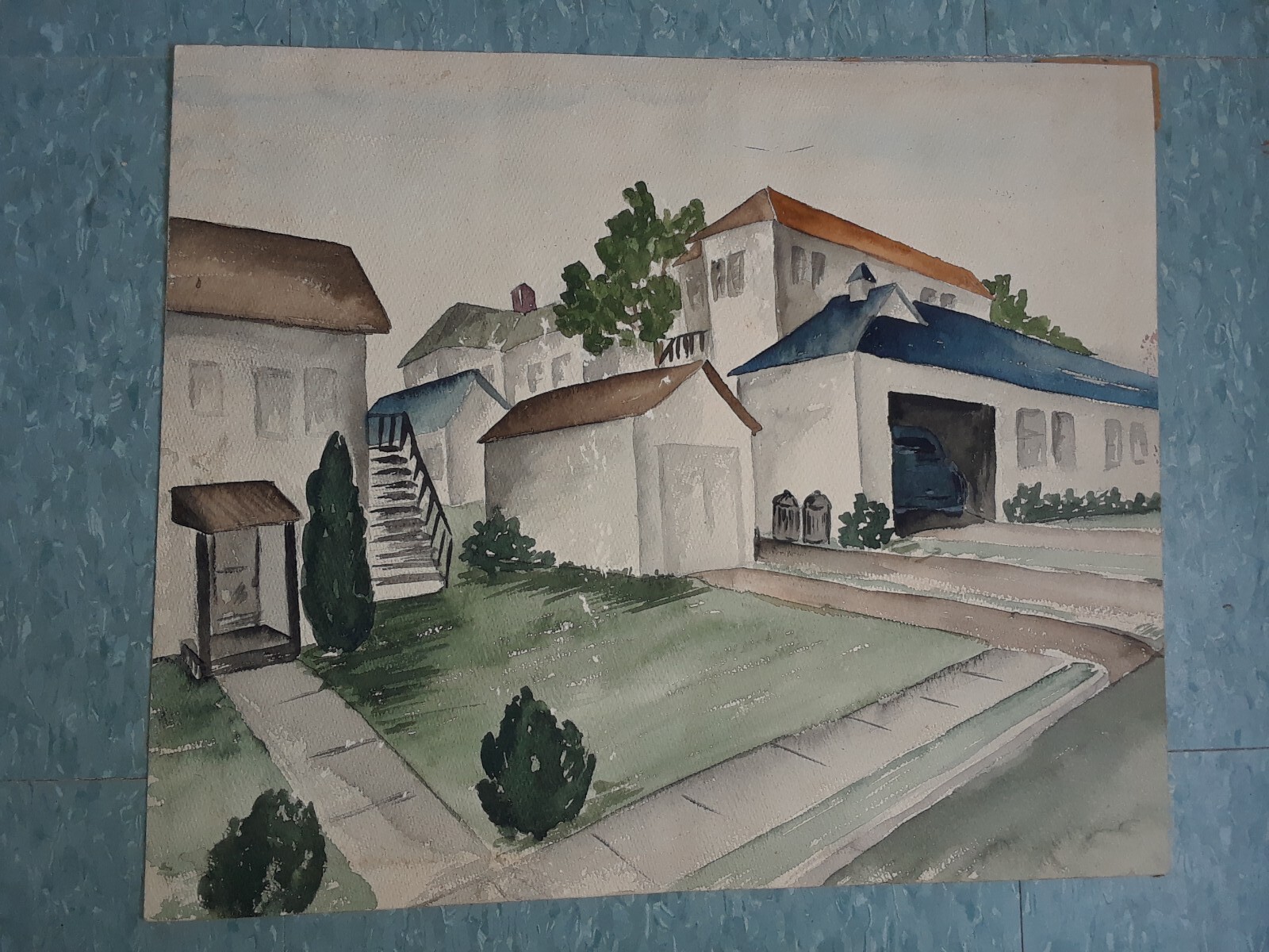 Vintage Texas Original Watercolor Painting 1950’s Neighborhood Quality Paper