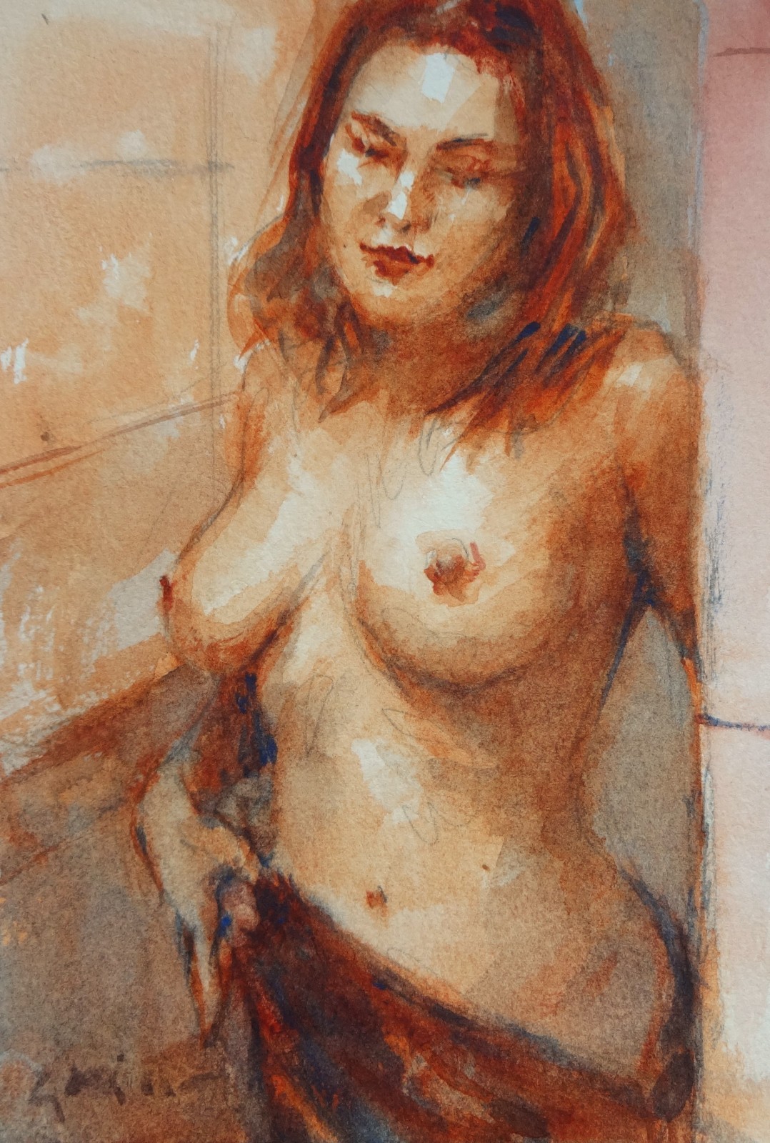 GERRY MILLER. “Nude” watercolor painting on paper. 13 x 19 cm.