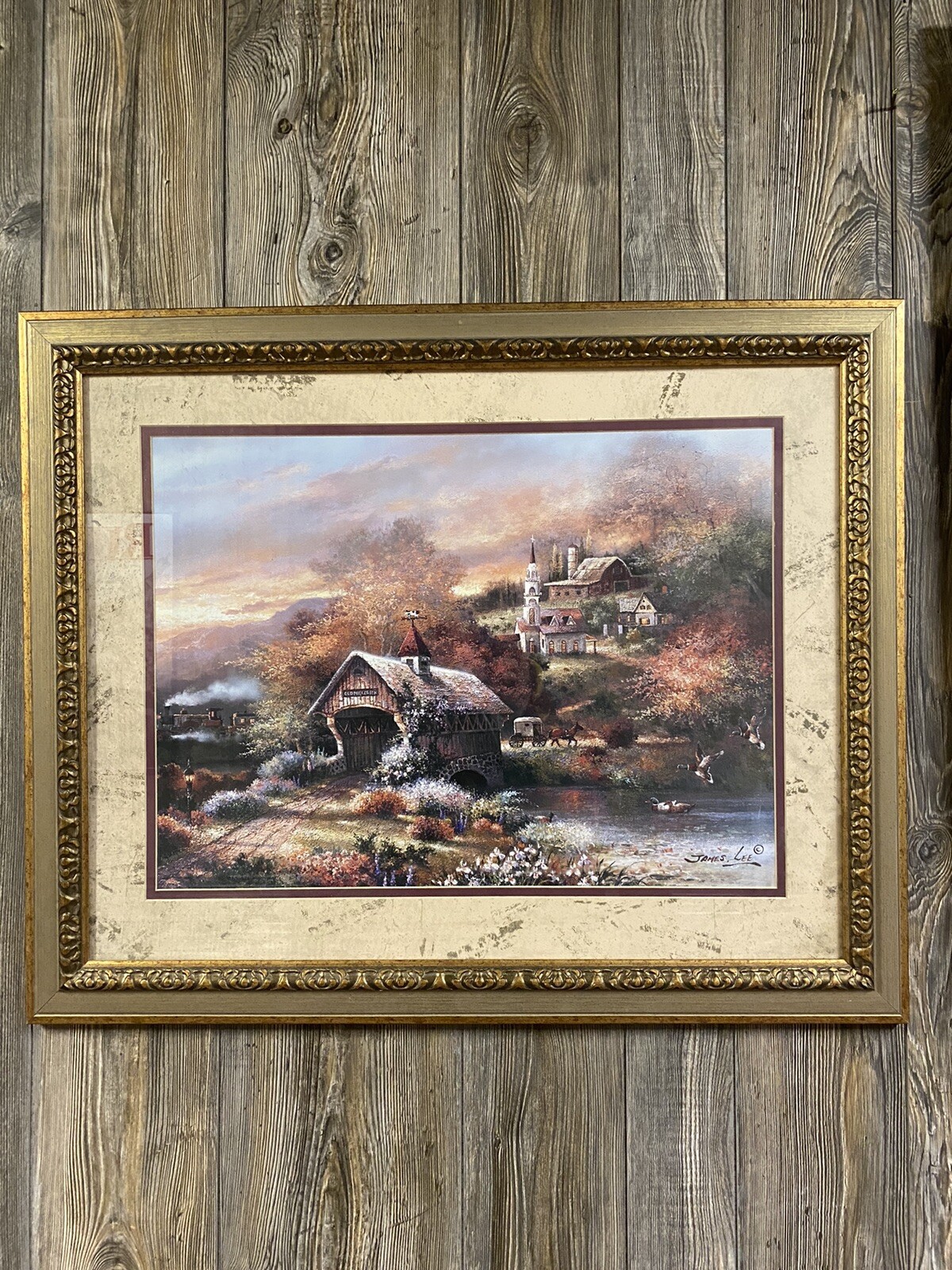 Vintage OLD MILL CREEK Framed Painting signed JAMES. LEE Train Ducks 32×26