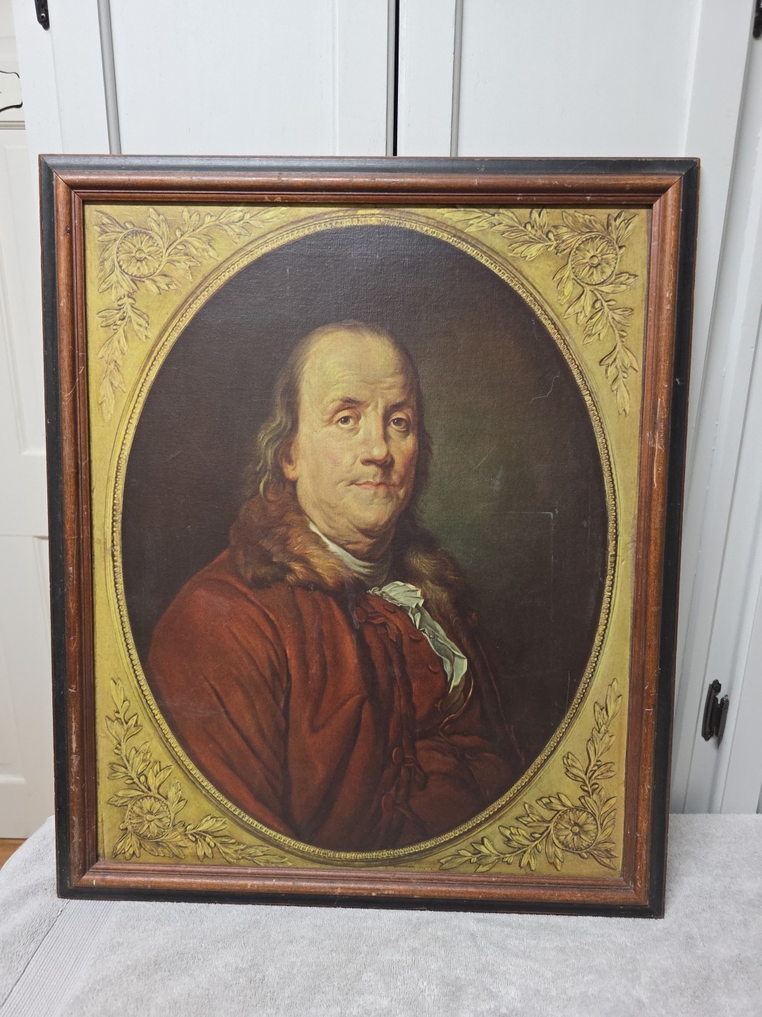 Vintage Lrg Portrait On Canvas Benjamin Franklin Wood Frame 1960s Reproduction