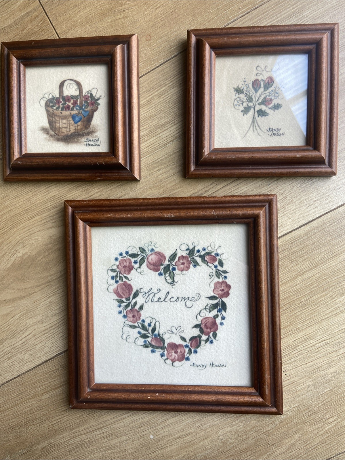 Set of 3 Sandy Honan Theorem Painting Folk Art Framed Cottagecore Heart 5×5 8×8