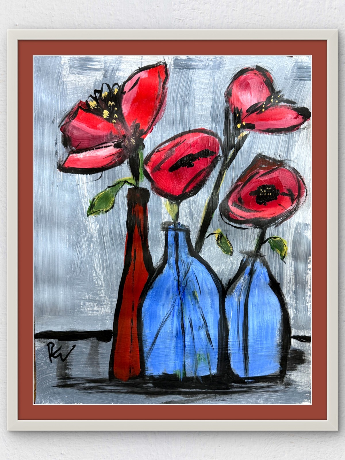 Original 11×14 Expressionist Hand Painted Signed Acrylic Paper Art Red Poppies