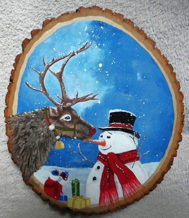 Hand Painted Snowman & Reindeer With Presents On Live Edge Basswood By Phyllis