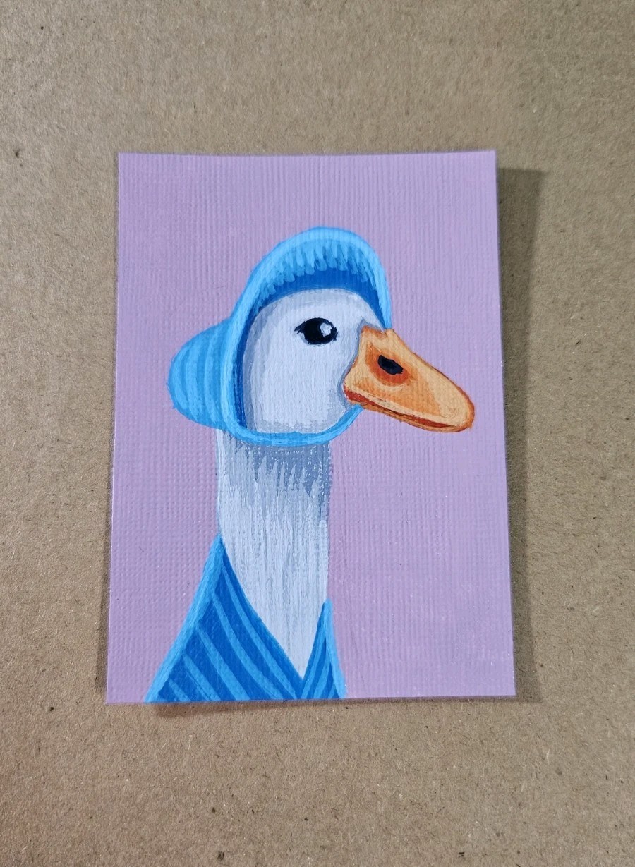 ACEO Duck with a Bonnet Mini Painting Original Coquette Bird Artwork Signed