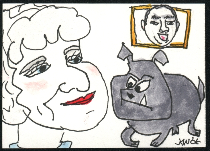 JKW Old Lady Look Alike BULLDOG Dog Folk Art ACEO Original Painting