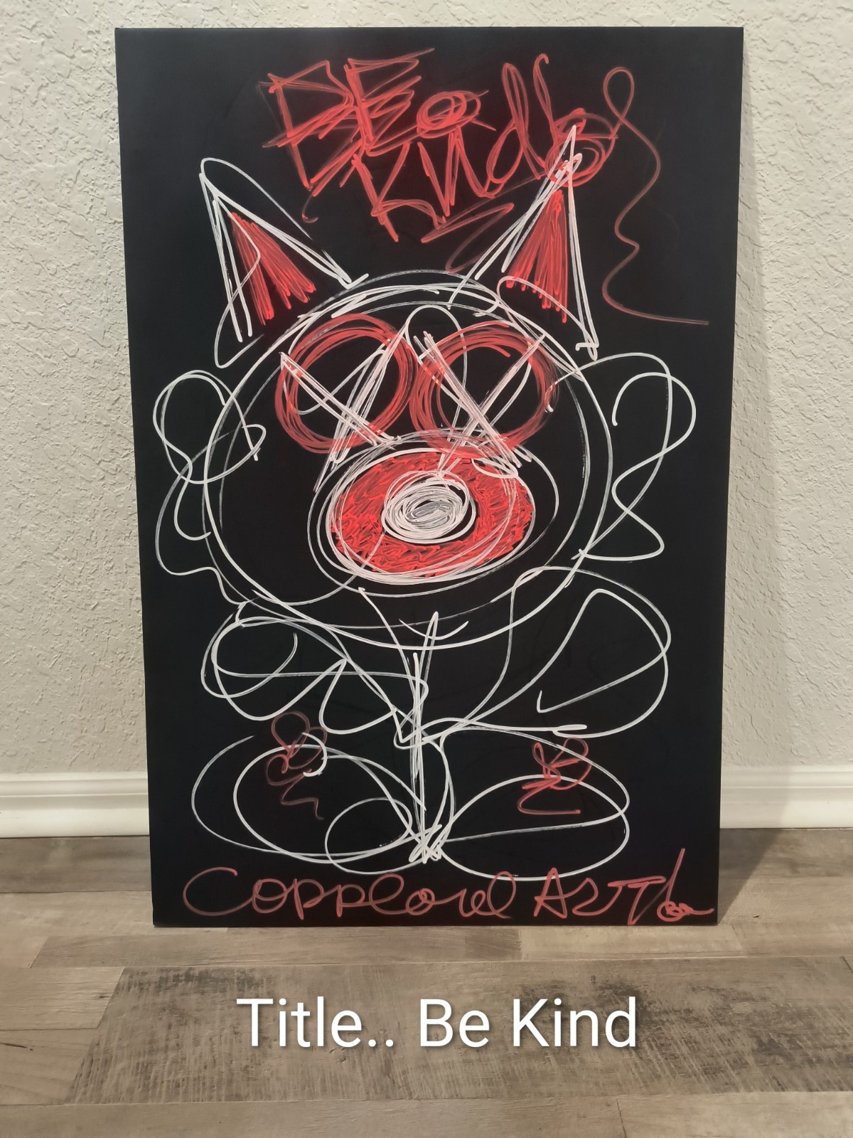 Trey Coppland, Be Kind Abstract Cat Acrylic Painting, 20+30 in, 2026, Signed