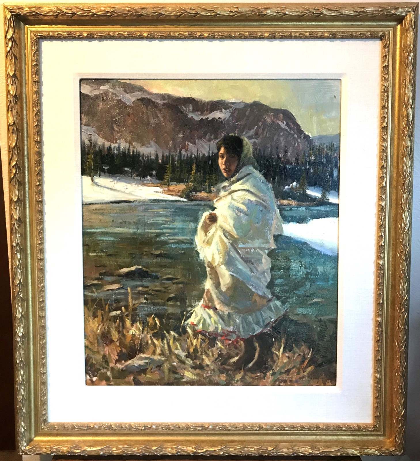 Miguel Camarena «Winter Sunshine» Native American Girl Oil On Canvas 20″ x 24″