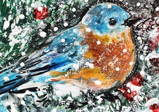 ORIGINAL ACEO Eastern BLUEBIRD PAINTING Winter BIRD Snow Animal Nature ATC ART