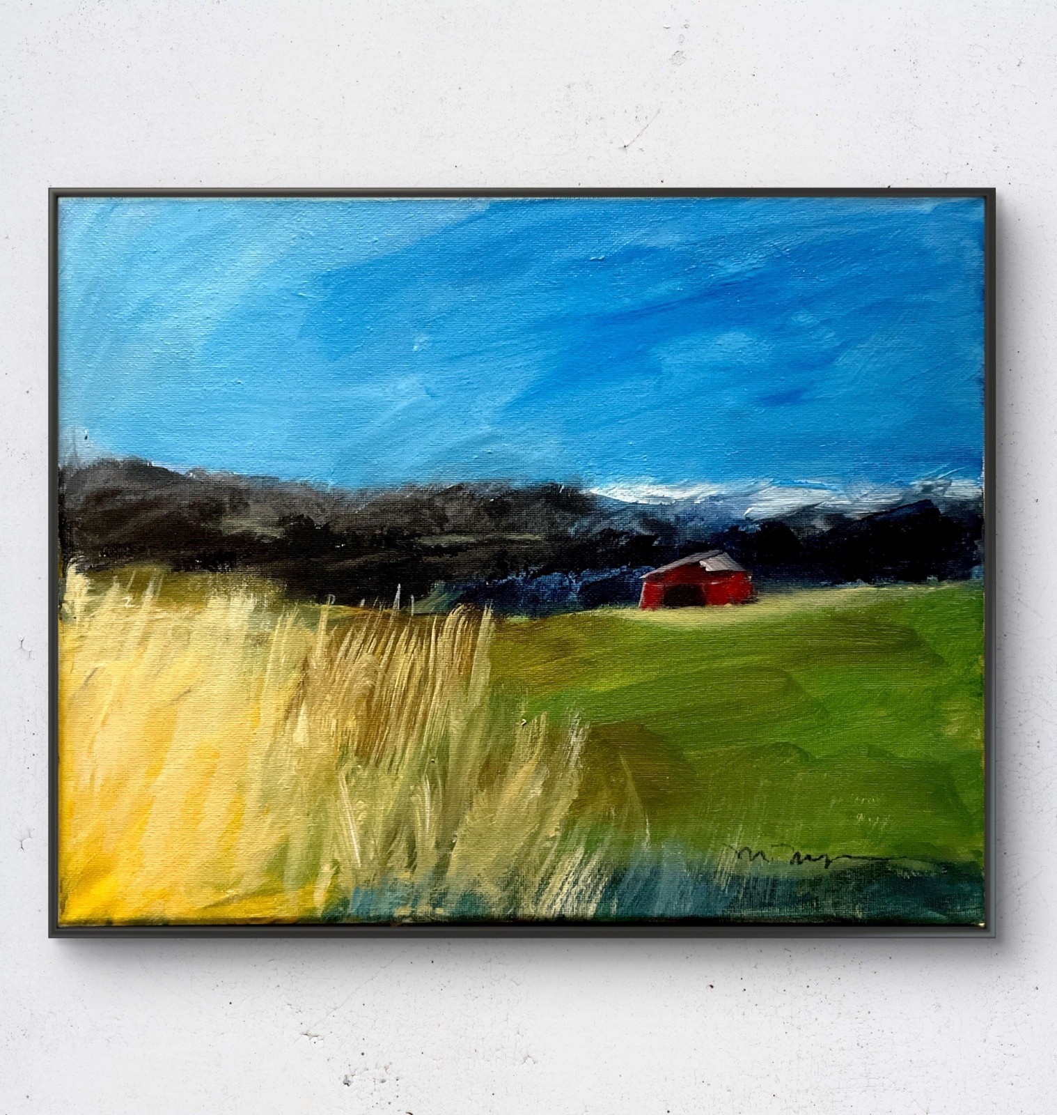 Mary Myers Original Acrylic Red Barn Field Landscape 11×14 Canvas