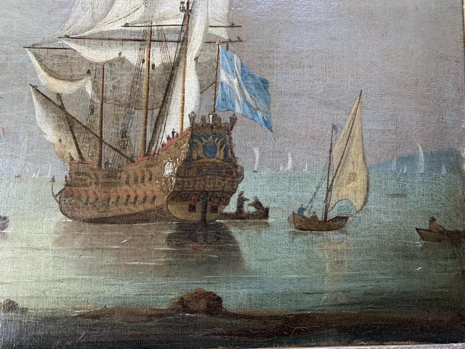 18th Century fleet at harbor marine painting Peter MONAMY frame