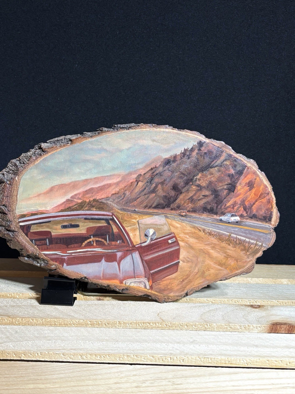 Original Art Oil Painting Car Retro Vintage California Mountain Nature Mikah