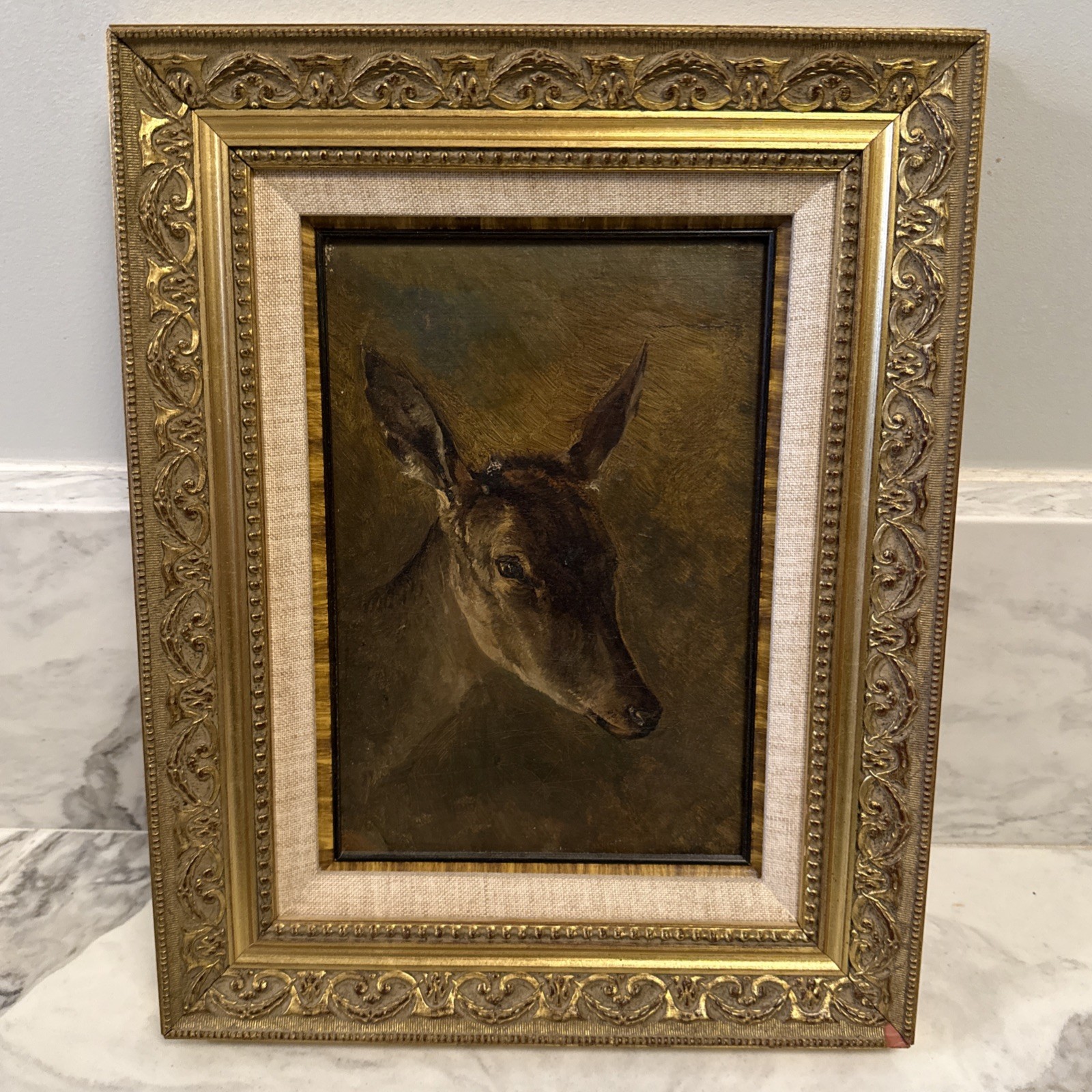 Small Antique Oil Painting Deer Circa 1900 Austria Unsigned Fine Quality 14”