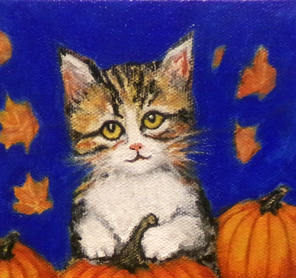 Original Cat Painting Kitten & Pumpkins 5×7 Pet Modern Wall Art Decor