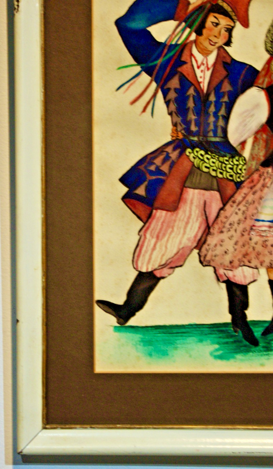 Watercolor- Framed Signed- Helen Kubikoski Polish Folk Dance Kujawiak Vintage