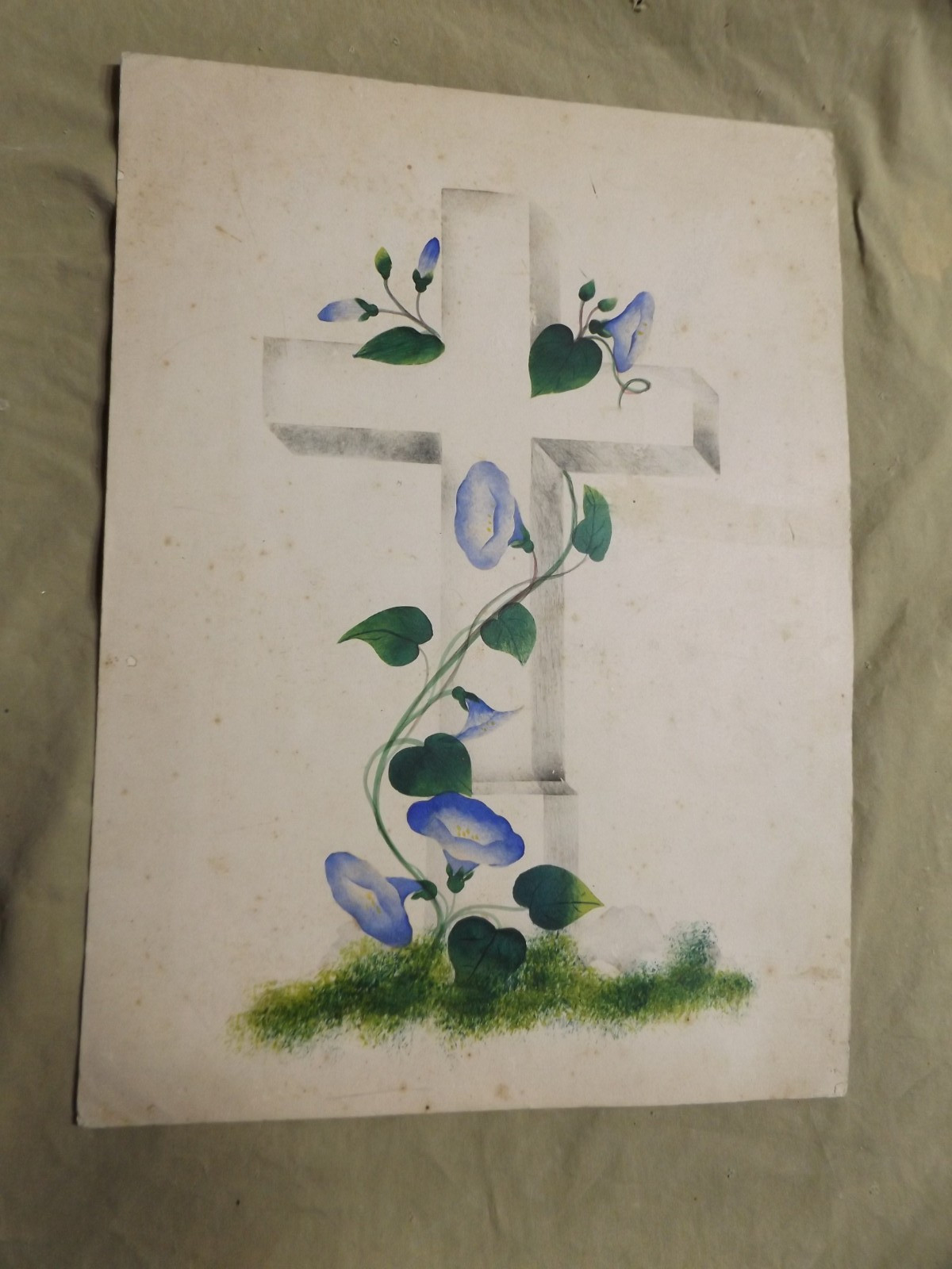 Antique Late 19th C Original Watercolor Mourning Art Morning Glory Cross Grave