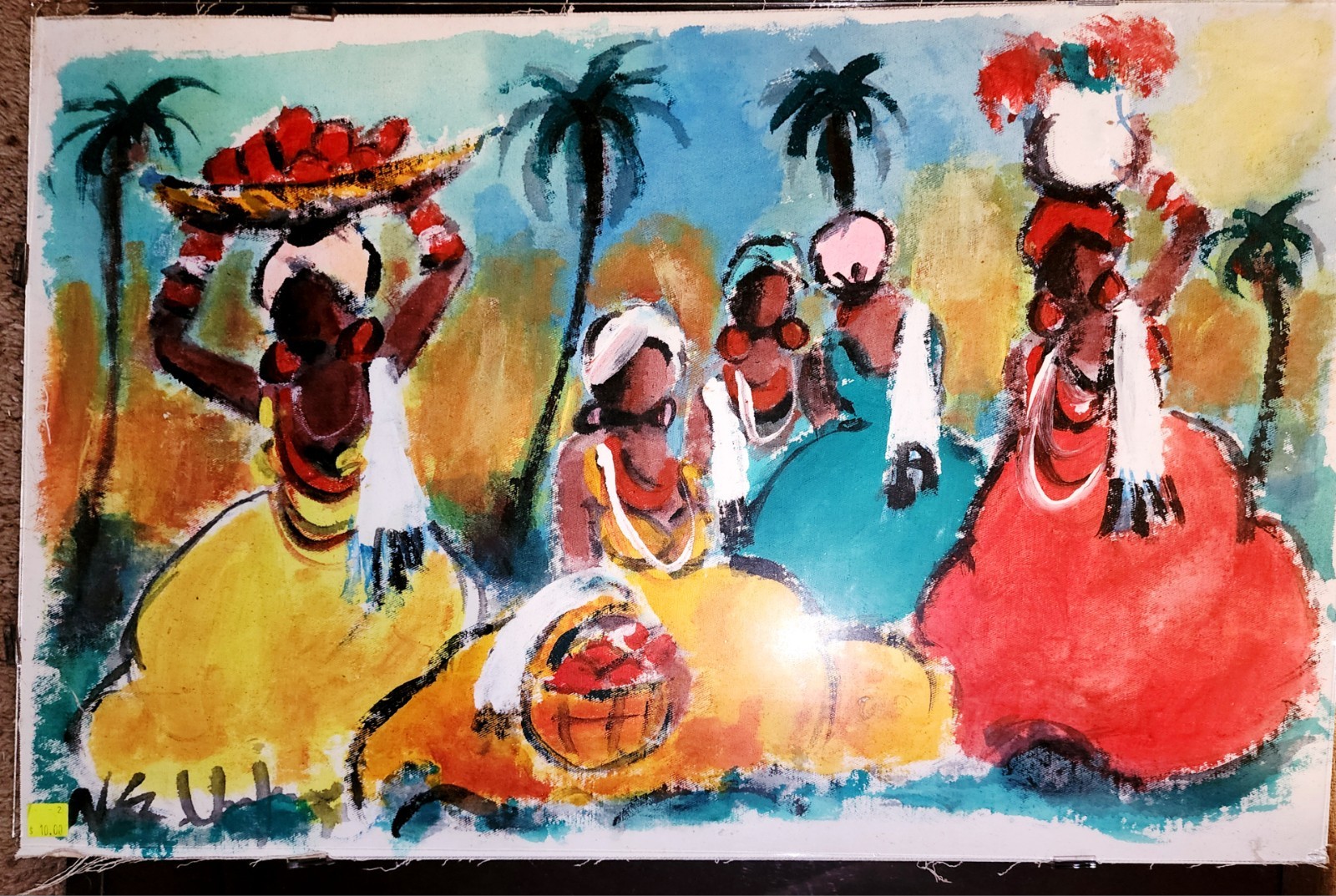 Original Folk Art Painting on Canvas Women Carrying Fruit Native Art Signed EUC
