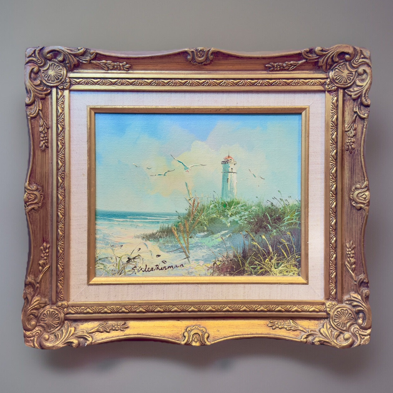 Beach & Lighthouse Plein Air Original Framed Oil Painting By S. Weatherman 1972