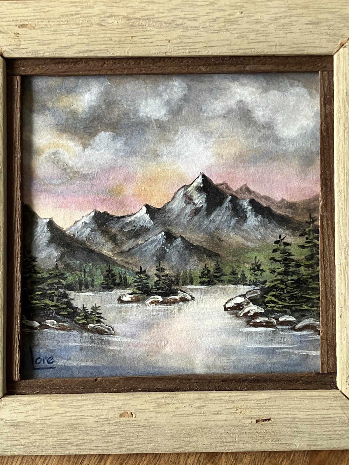 vintage gouache painting landscape miniature frame signed Lore mountain trees