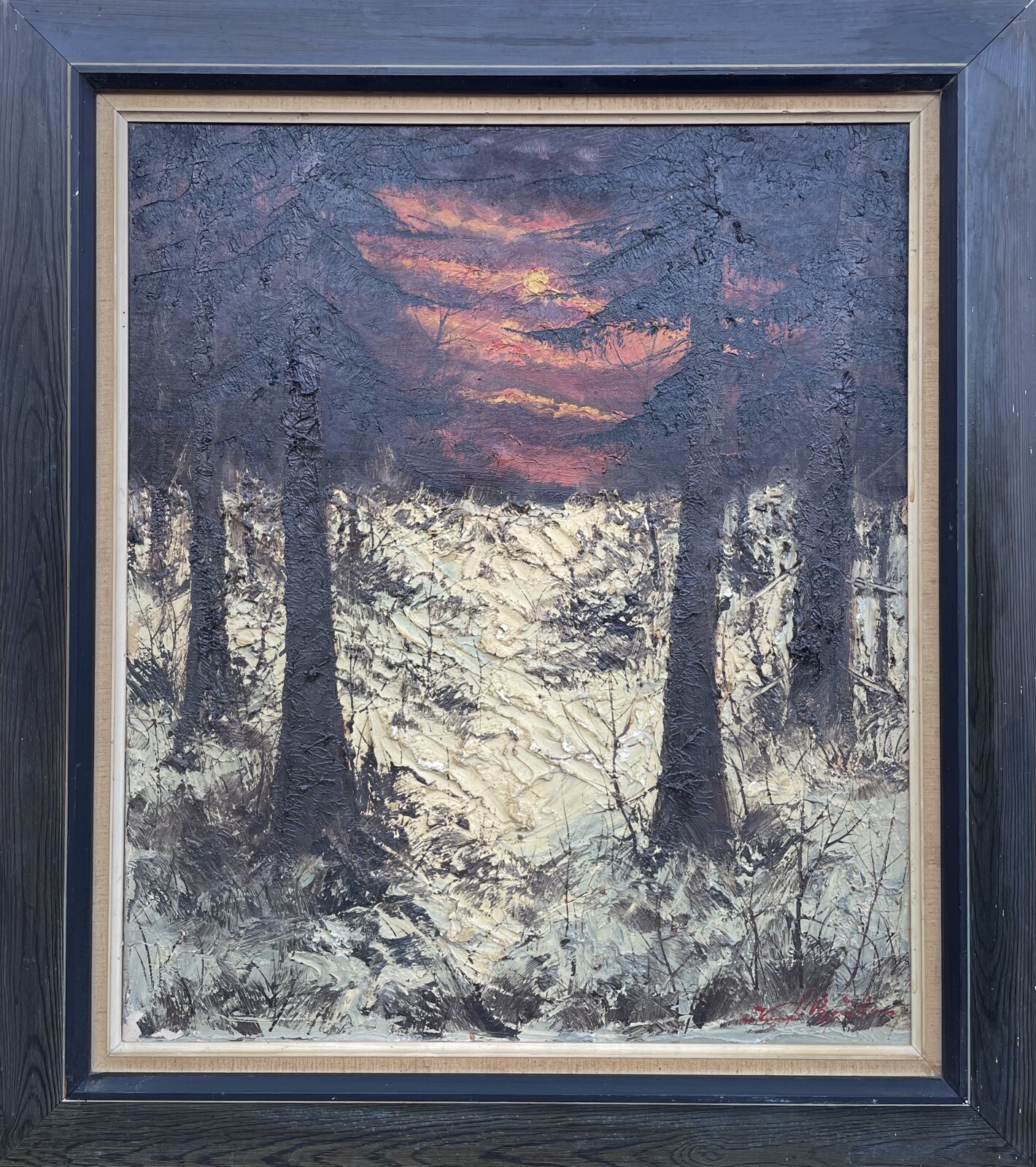 Kristian Bjulver Winter Landscape Evening Red Snow Fir Forest Modern Danish Art