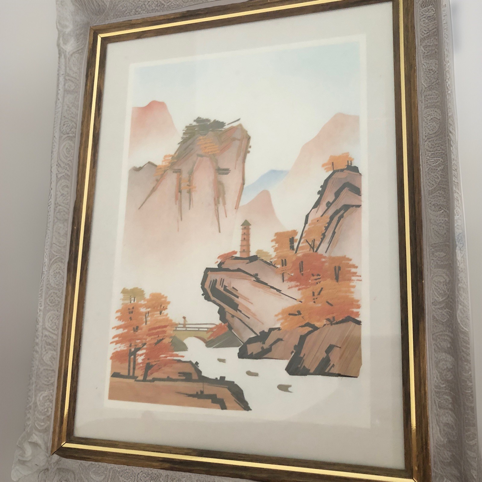 Asian Framed Picture 8”x12” Hills House Water Man Pastel & Gold