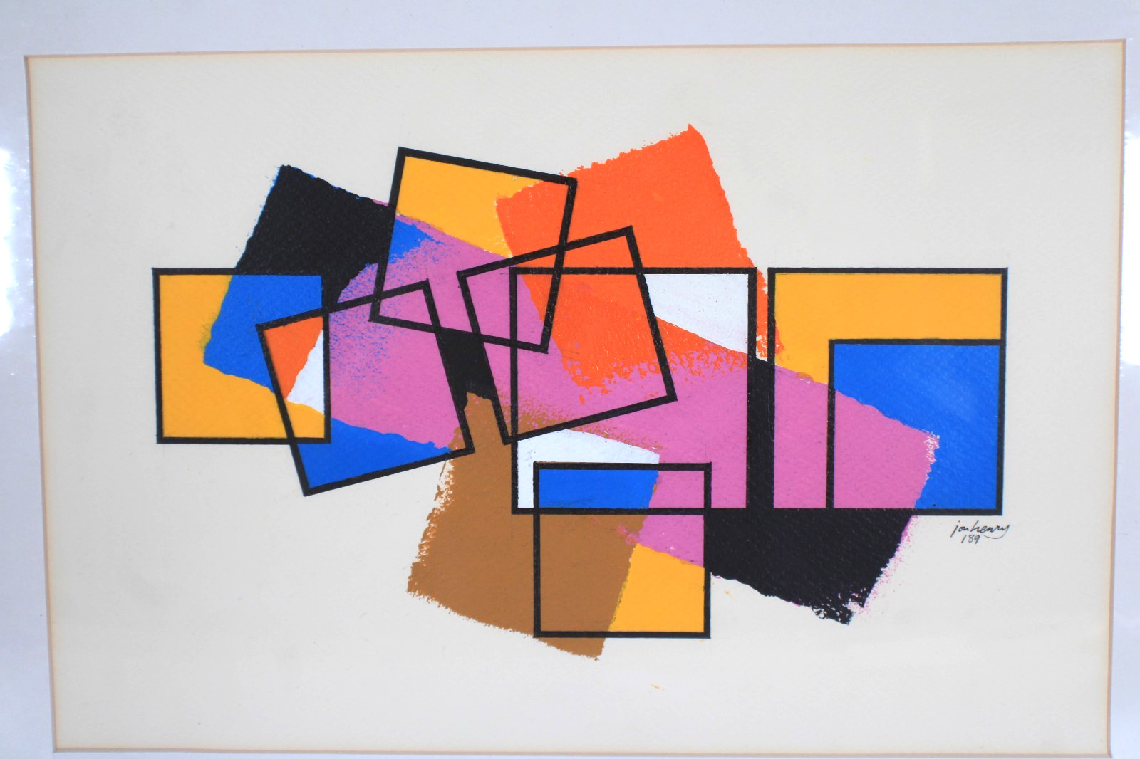 Mid Century Modernist Style Abstract Oil Painting On Board Signed Jon Henry