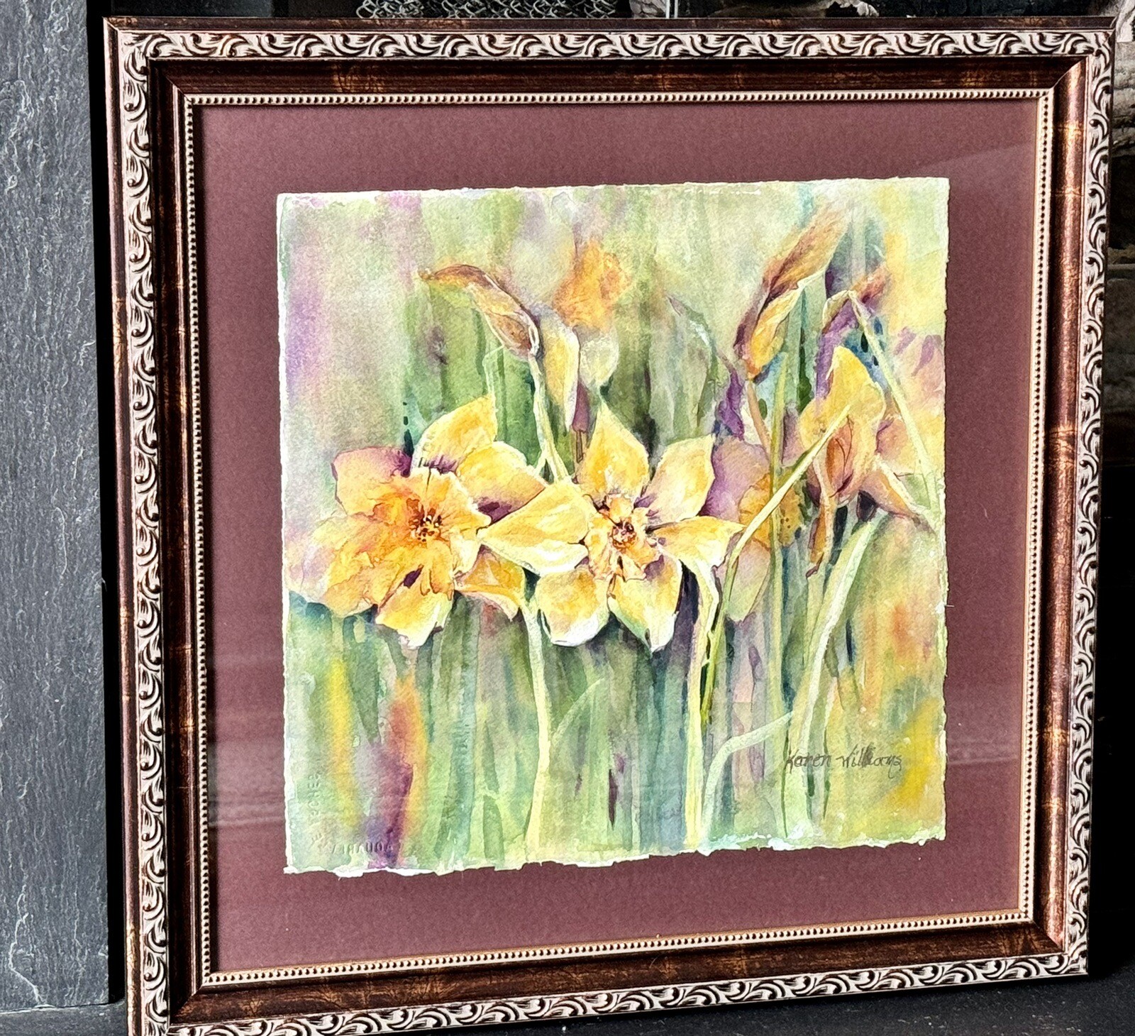 Original Watercolor Daffodil Painting Signed Karen Williams Framed & Matted