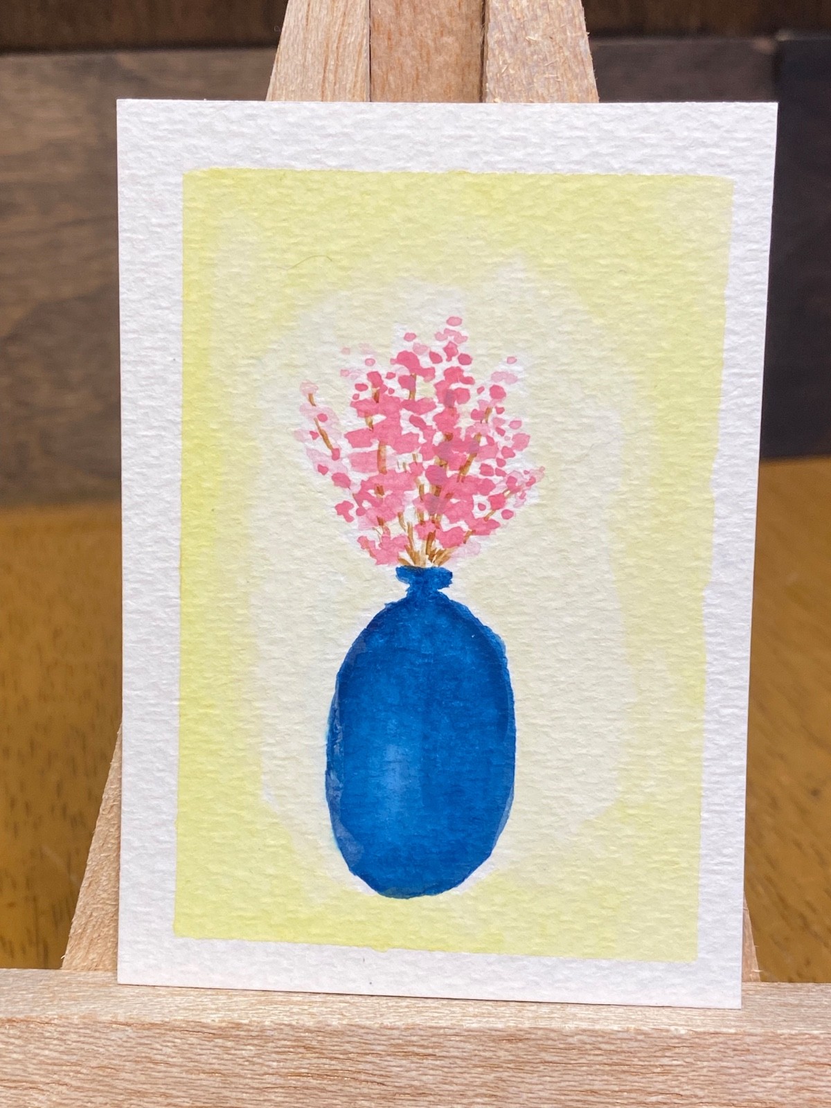ACEO watercolor painting «Pink Flowers in a Blue Vase» 2.5 x 3.5 inch art card