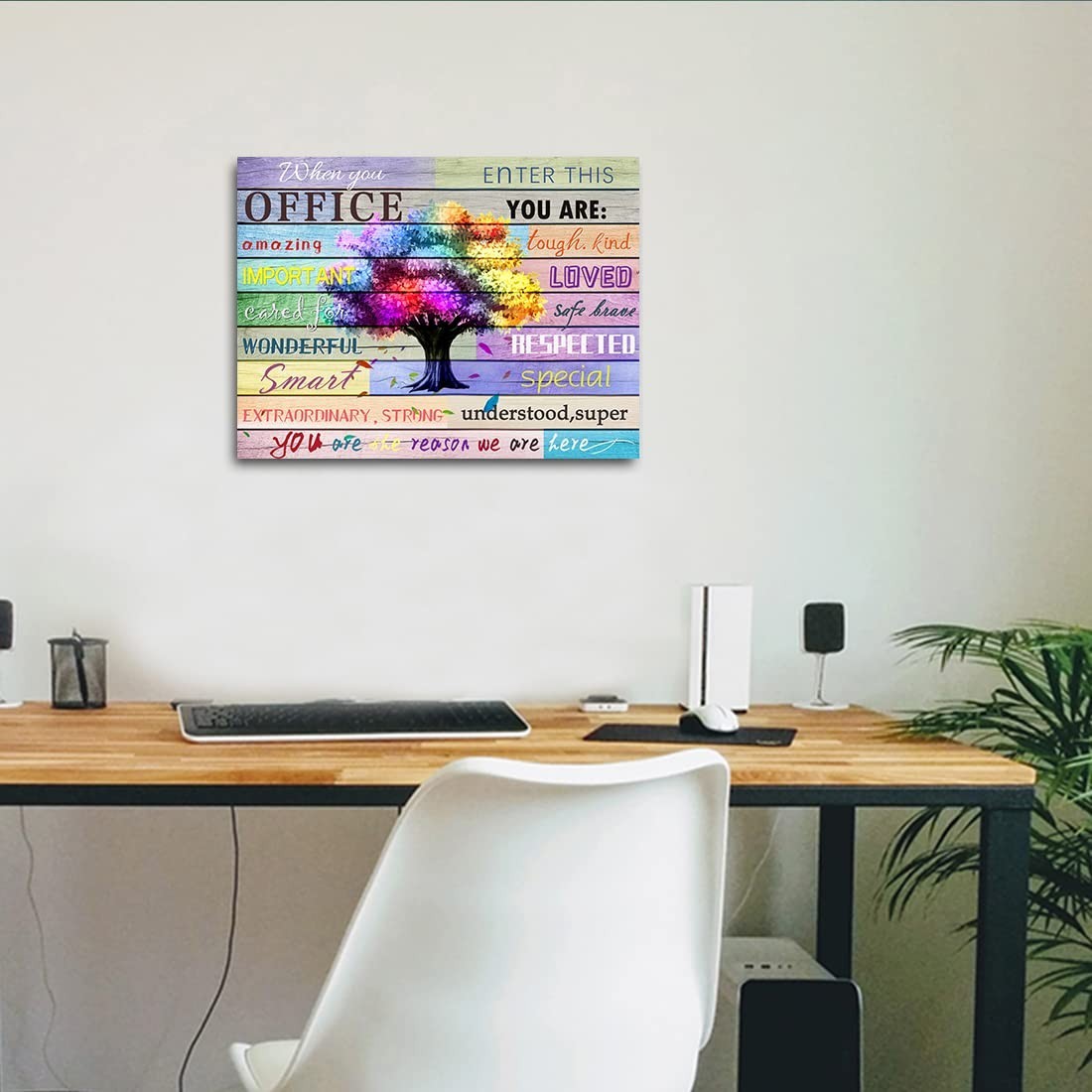 Inspirational Office Motto Wall Art Colorful Tree Canvas Print Framed 12×16″