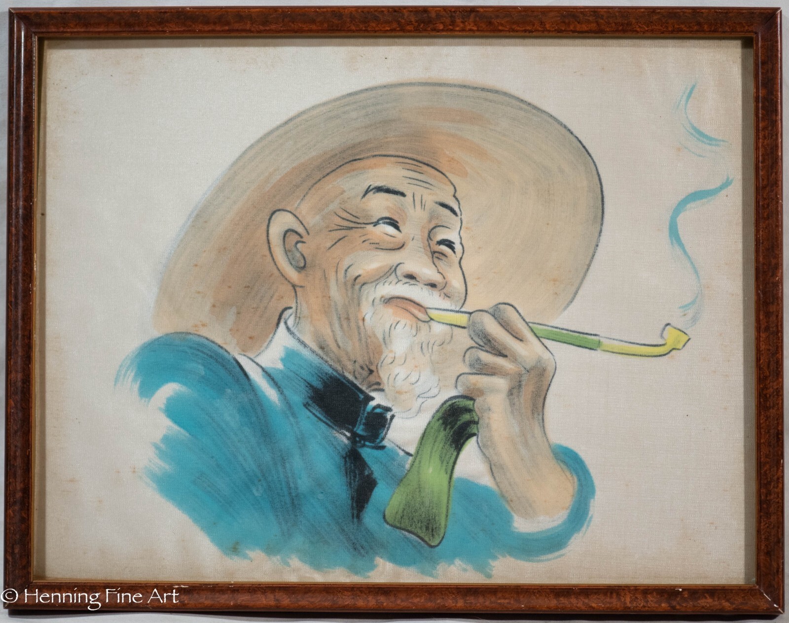 Beautiful Vintage Chinese Silk Painting Man Woman Portraits Smoking, Framed