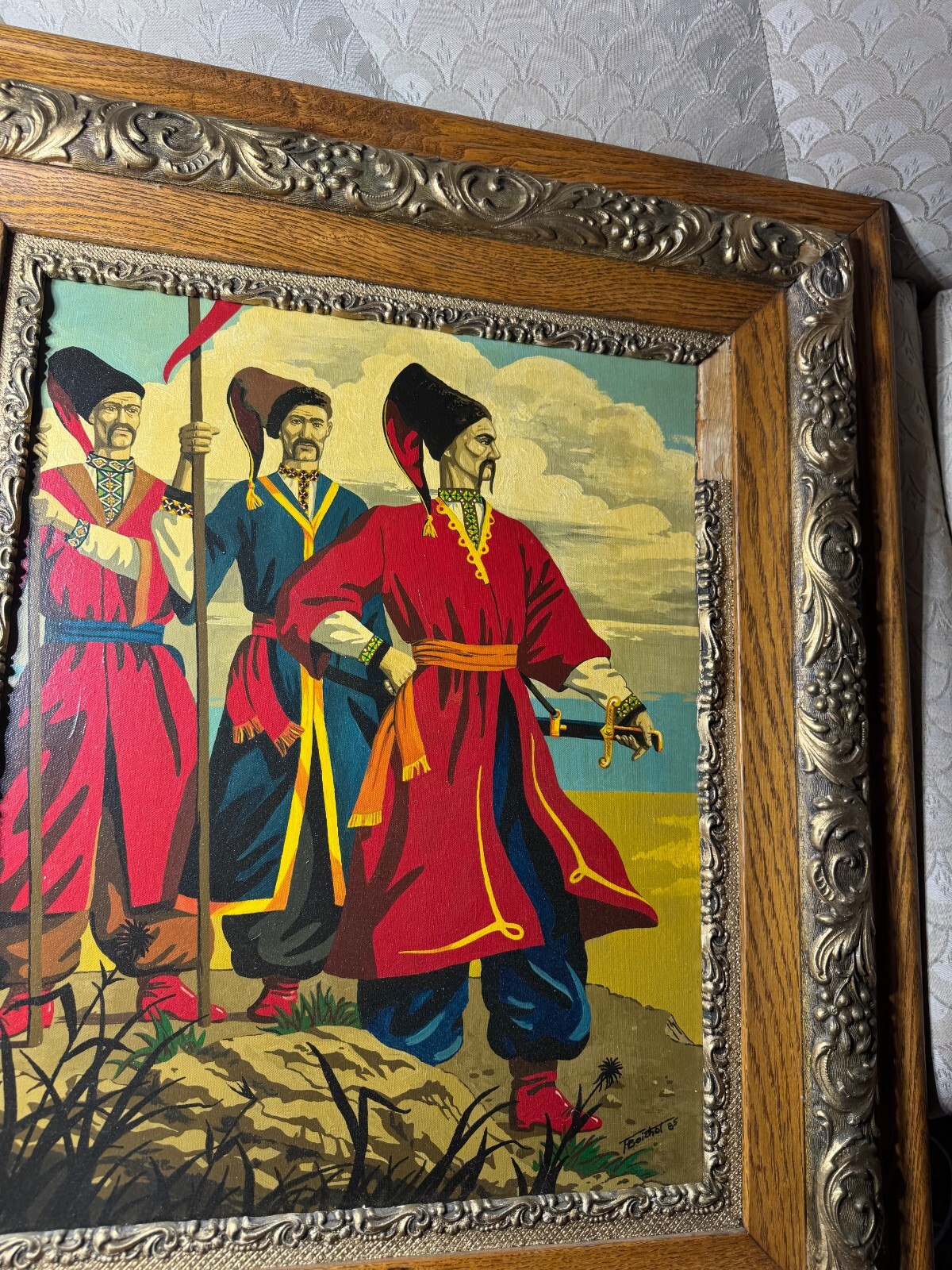 F Beichot? 1985 «Three Russian Men Scene» Oil Painting – Signed And Framed