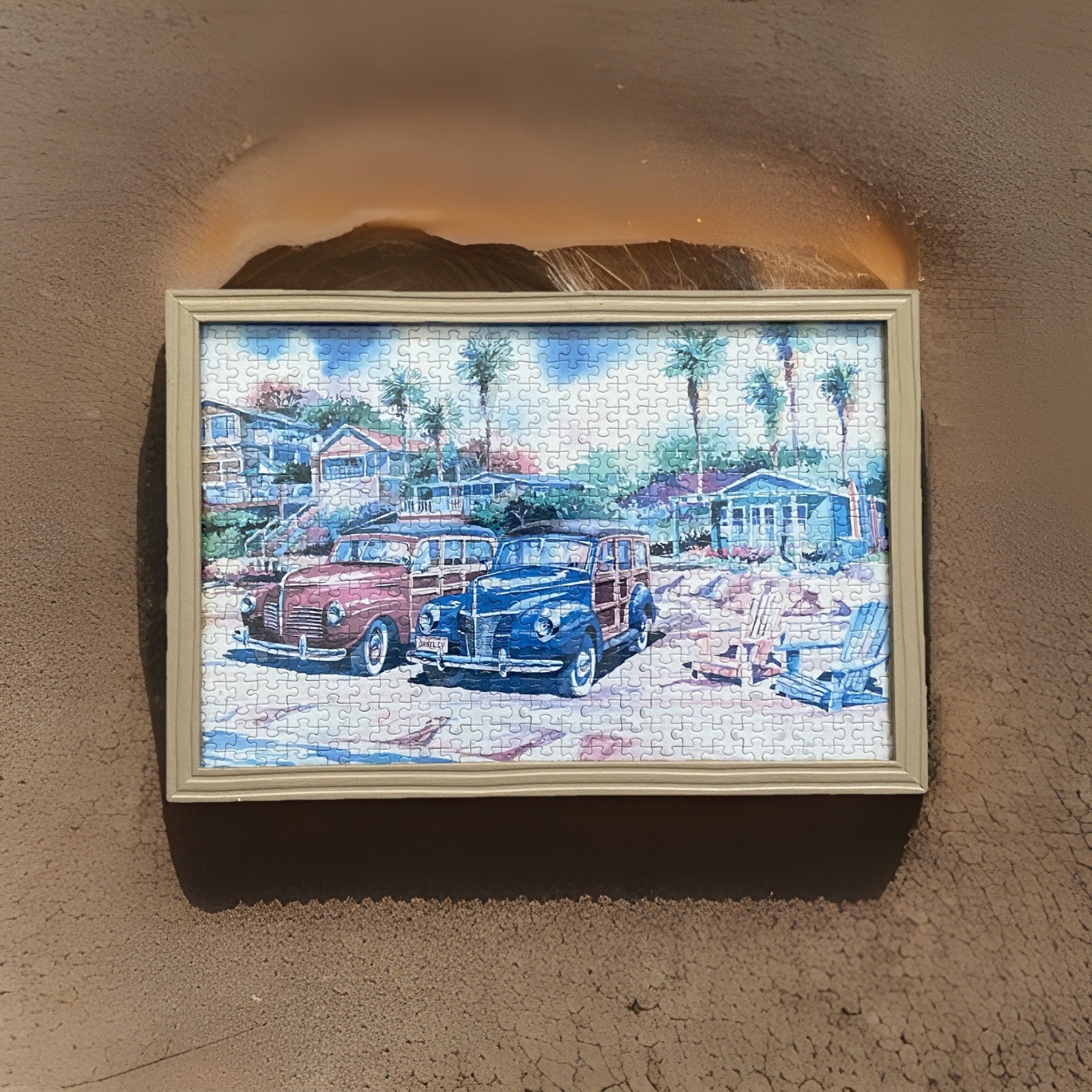 Whimsical Vintage Cars Palm Beach House Trees Framed Jigsaw Puzzle Wall Art