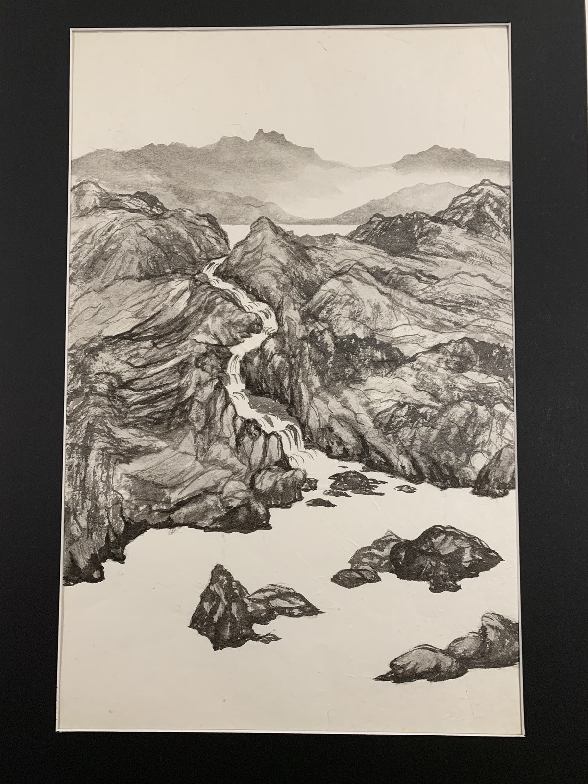 Vintage Original Watercolor Of Stream Coming Down Rocks With Mountains