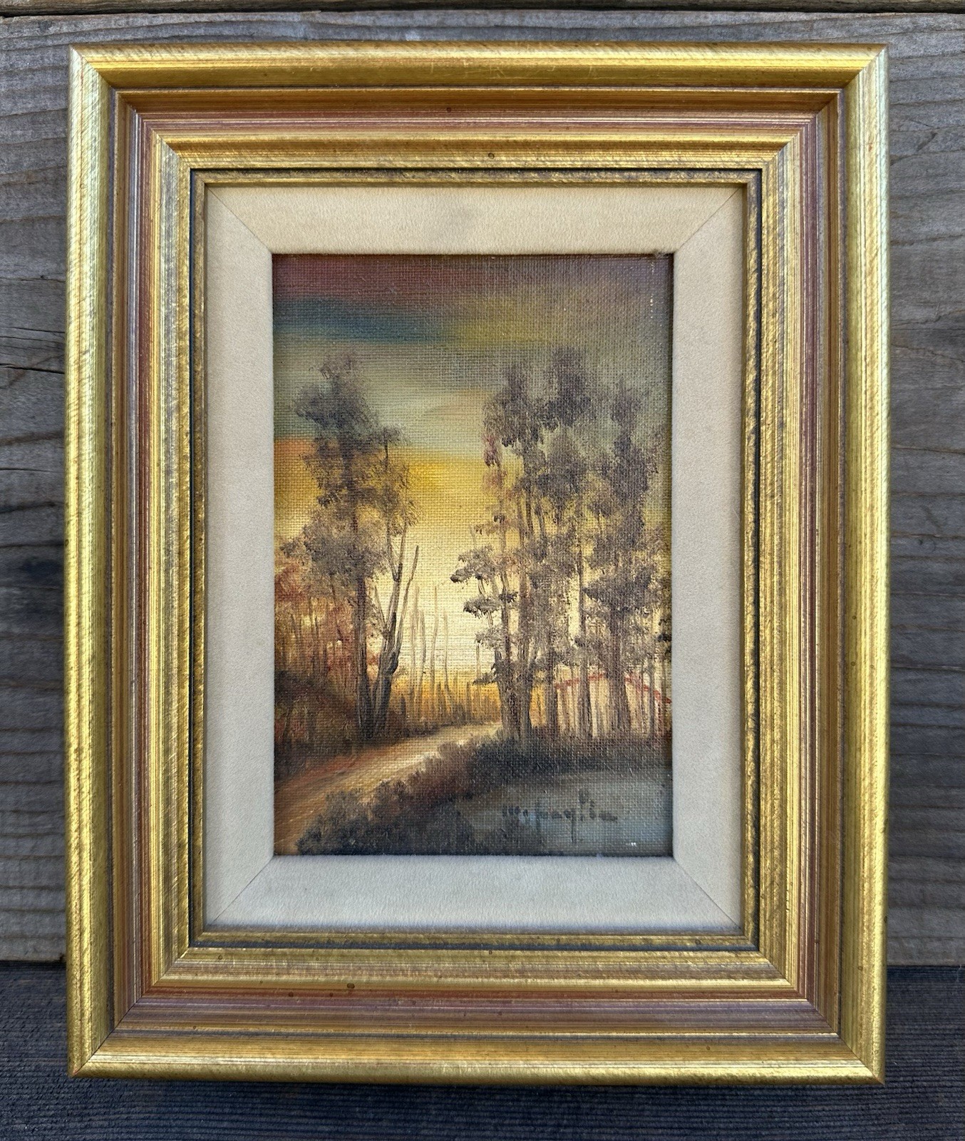 Vintage Original Oil Painting Woodland Path At Sunset Landscape Framed, Signed
