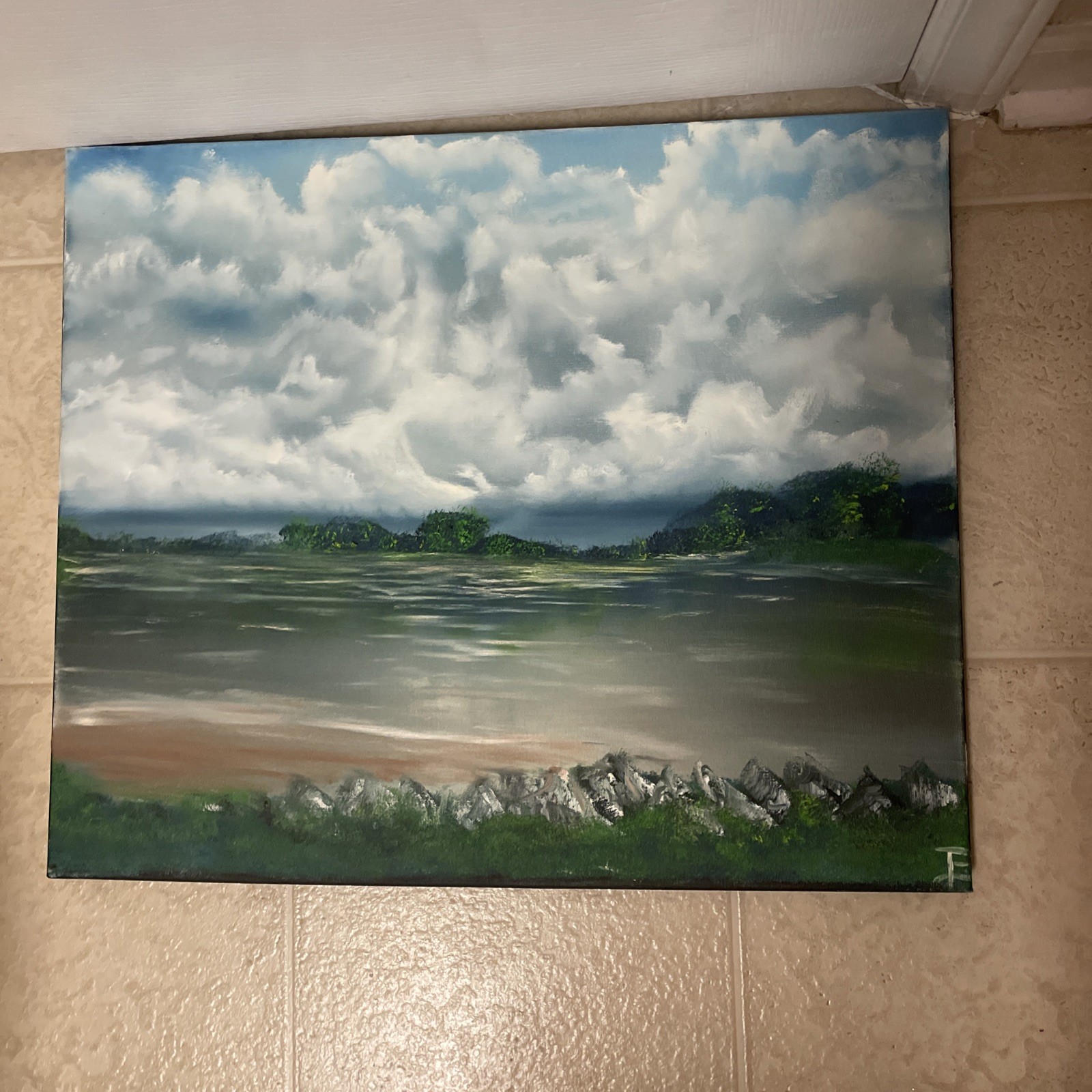 Oil Painting, impressionism, landscape, original, signed, Sky, blue clouds, Land