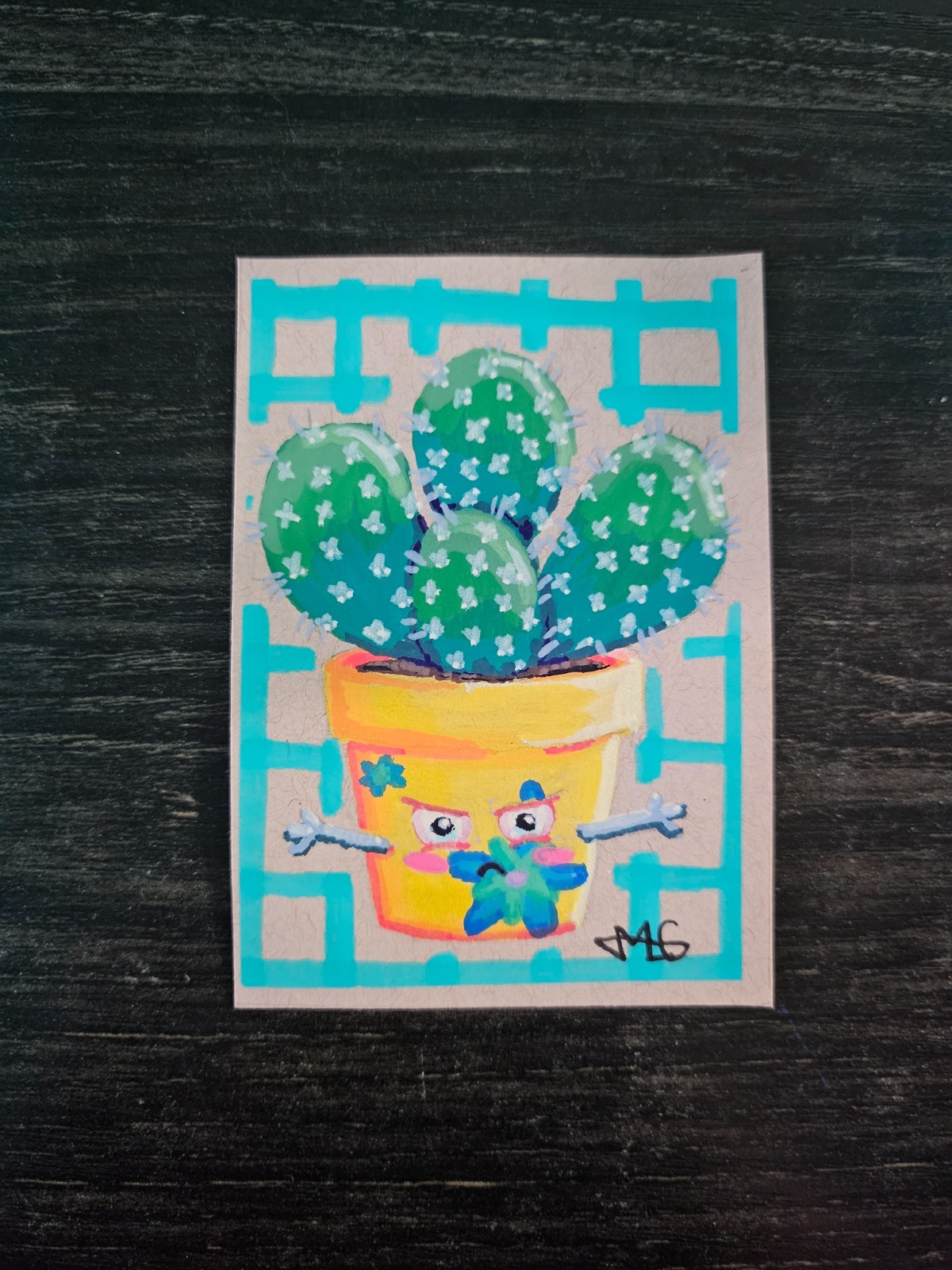 «Angry Cactus» OOAK Cactus Cuties ACEO Original Art Card – by EmLou Artwork